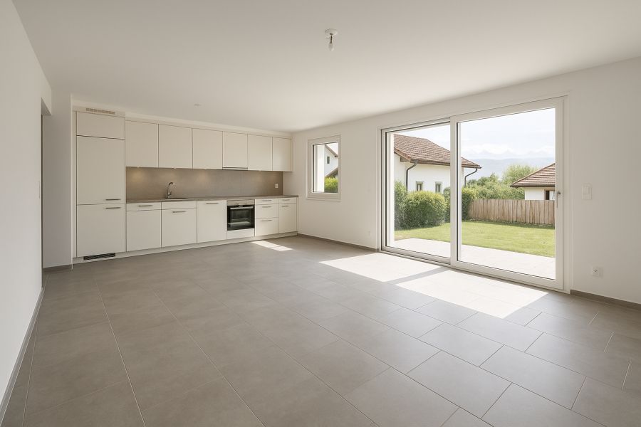 Ein typischer Innenraum eines Schweizer Einfamilienhauses: Grosse Fenster, Blick ins Grüne, Plattenboden, offene Küche. Hinweis: Dieses Bild entstand durch newhome unter Verwendung von KI.