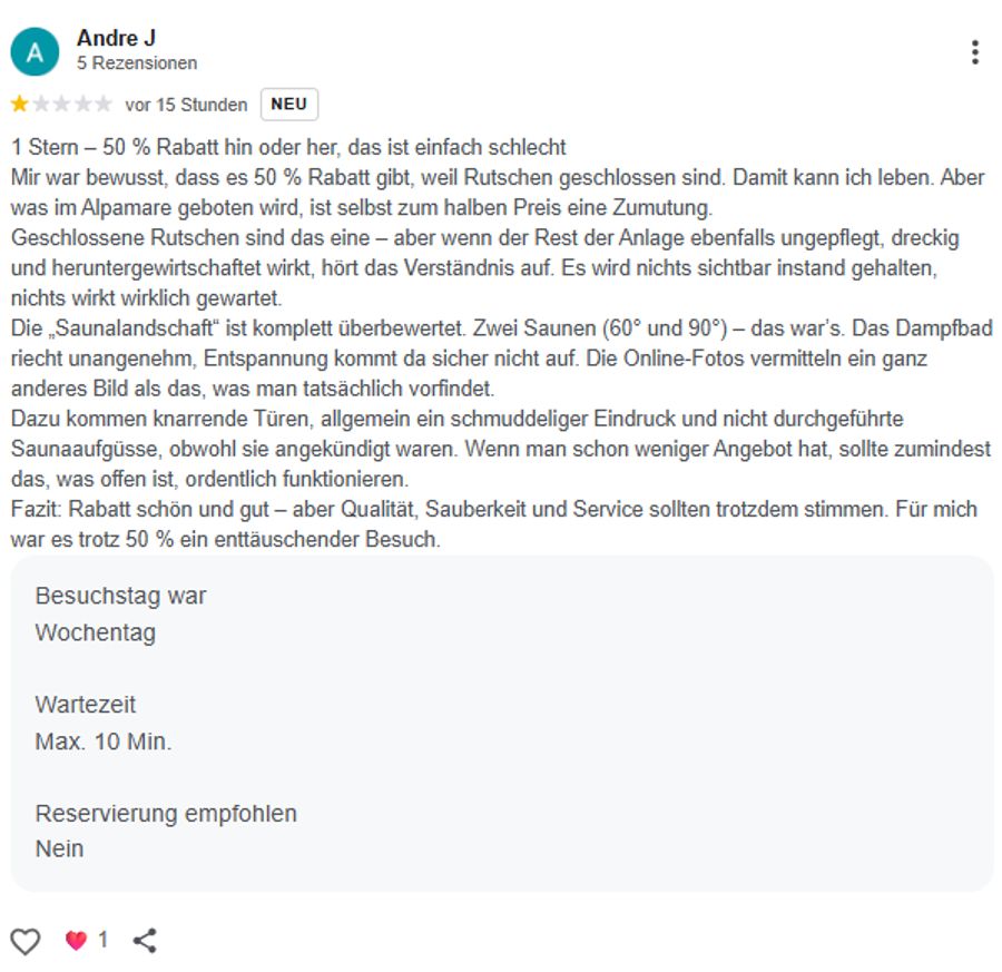 Auch von Andre J gibt es nur einen Stern – er wählt die Worte «dreckig und heruntergewirtschaftet».