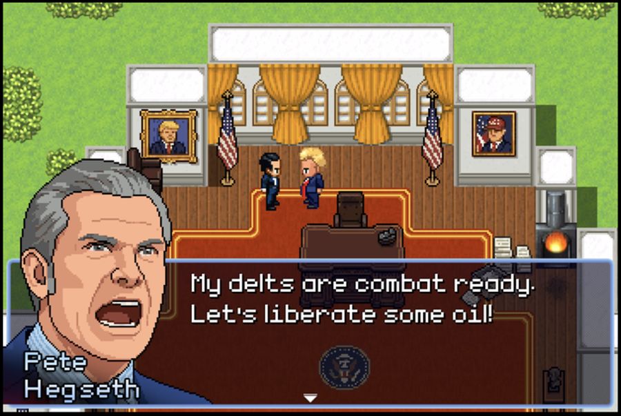 Auch US-Verteidigungsminister Pete Hegseth ist im satirischen Trump-Arcade-Spiel zu sehen – in wütender Pose.