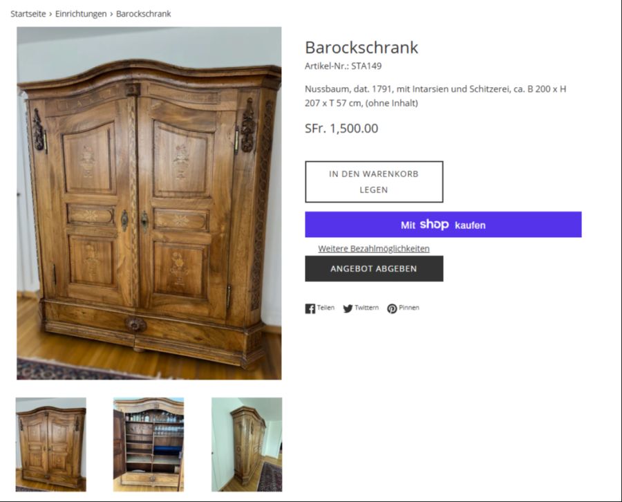 Unter den angebotenen Objekten befinden sich auch zahlreiche Möbel.