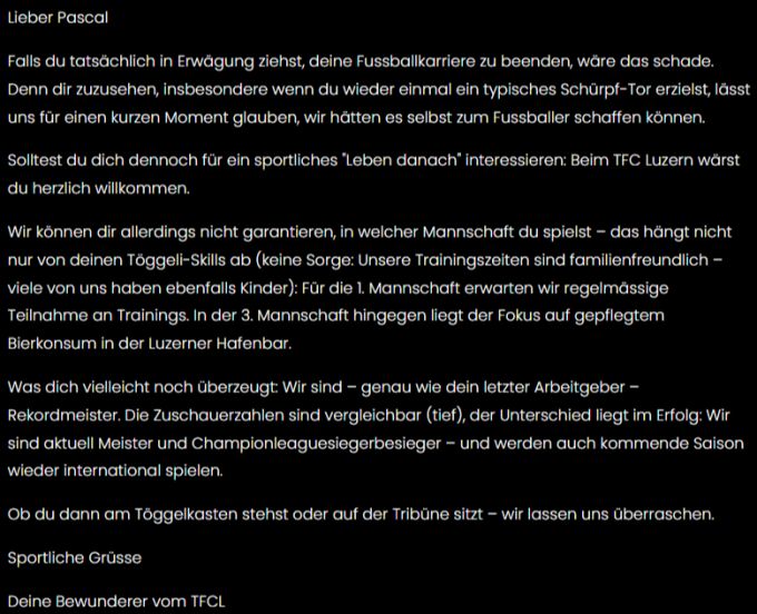 Der Tischfussballclub Luzern schreibt Pascal Schürpf einen offenen Brief. GC Pascal Schürpf