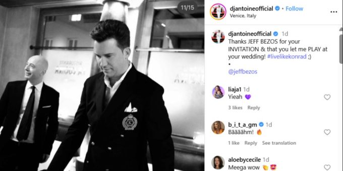 DJ Antoine auf der Hochzeit von Bezos? Nein, der Mann im Hintergrund heisst Roberto und ist seit vielen Jahren Chef de Service im Restaurant La Cucina in Luzern. DJ Antoine Jeff Bezos
