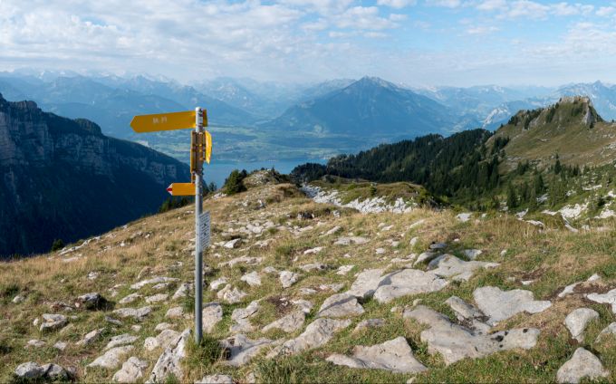 Auf dem Oberbärgli windet sich der Weg durch eine urige Landschaft aus Felsbrocken, Löchern und knorrigen Tannen. Sigriswil Wanderung Bern