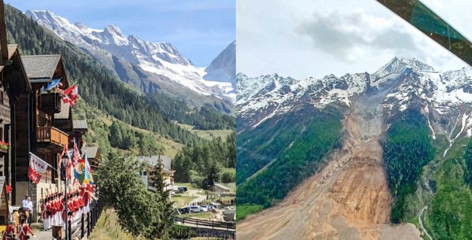 Auf dem Bild links war die Welt in Blatten noch in Ordnung. Der Bergsturz hat einen Grossteil des Dorfes unter sich begraben und eine Schneise der Verwüstung zurückgelassen.