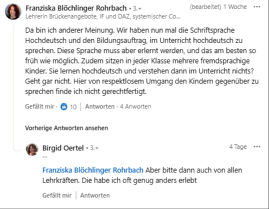 Die Lehrerin Franziska Blöchlinger Rohrbach ist auch anderer Meinung als Sammy Frey: «Wir haben den Bildungsauftrag, im Unterricht Hochdeutsch zu sprechen.»