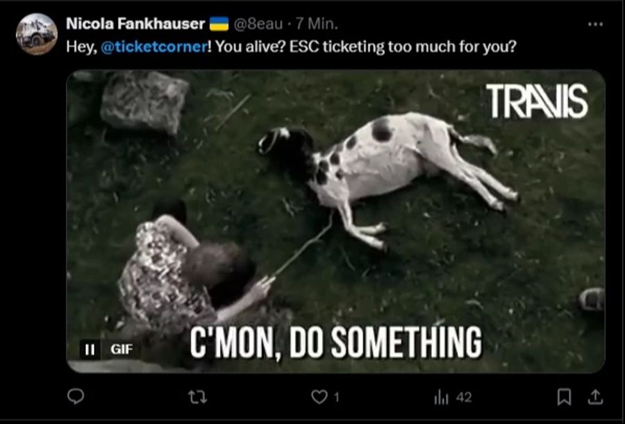 "Hey Ticketcorner, lebst du noch? Sind die ESC Tickets zu viel für dich?", fragt eine Person auf X. Dazu ein Meme: "Komm schon, tu etwas".