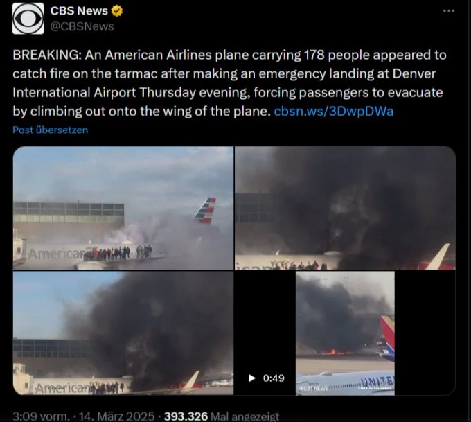 Bilder zeigen, wie das Flugzeug in Denver Feuer fing. feuer flugzeug