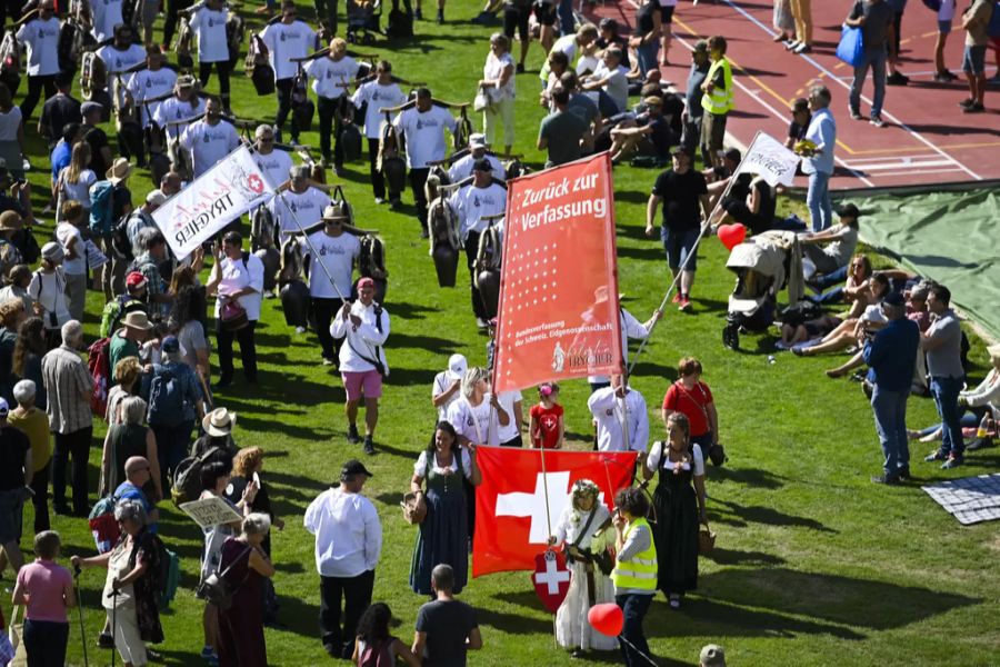 Kundgebung von Corona-Massnahmegegnern, aufgenommen am Samstag, 4. September 2021, in Chur.