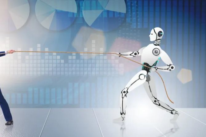 Mann Roboter Tauziehen