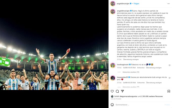 Angel Di Maria kündigt auf Instagram seinen Rücktritt an. Angel di Maria