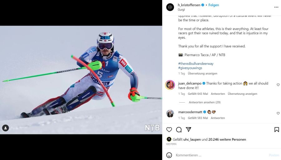 Der norwegische Ski-Star war fuchsteufelswild und liess unter anderem auch in den sozialen Medien Dampf ab. Marco Odermatt kommentierte mit einem Applaus-Emoji.