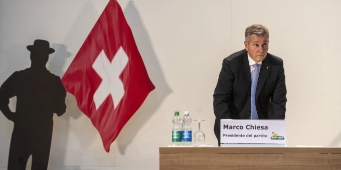 Der SVP Parteipräsident Marco Chiesa anlässlich der Delegiertenversammlung der SVP Schweiz vom Samstag, 22. Oktober 2022 im Schulhaus Staffeln in Luzern. Marco Chiesa