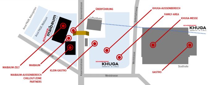 Das Areal des Maibaumfests mit Übergang über die Kasernenstrasse sowie das Areal der KHUGA in der Churer Stadthalle. KHUGA