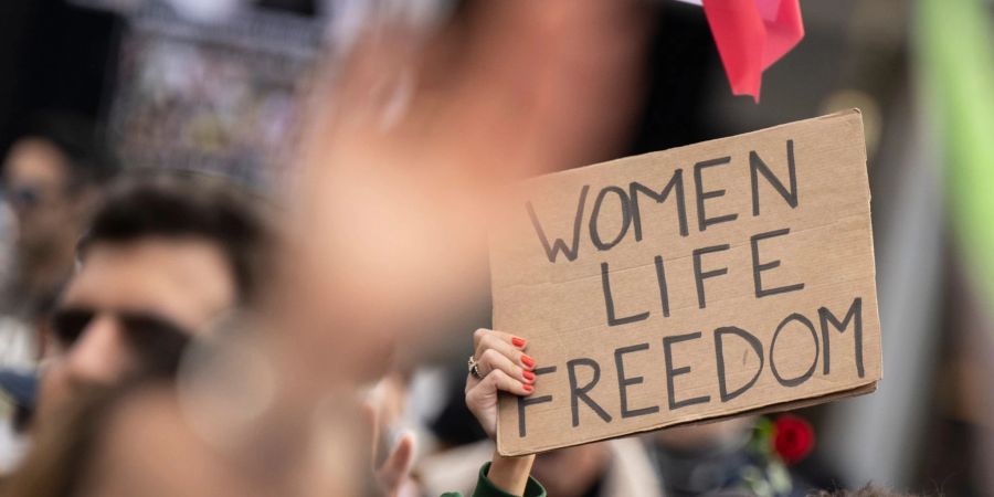 Demonstrantinnen und Demonstranten während einer Kundgebung in Frankfurt am Main gegen das politische Regime im Iran.