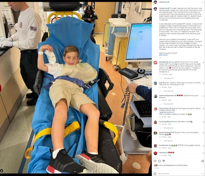Der sechsjährige Sohn von Ivanka Trump brach sich das Handgelenk. Ivanka Trump Theo