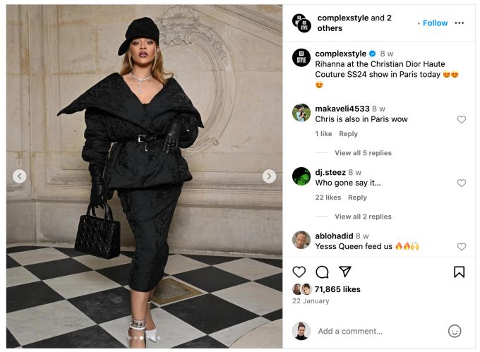 Rihanna trug zur Dir Show natürlich Dior – ein schwarzes Jaquard Couture-Kostüm in diesem Fall. Rihanna