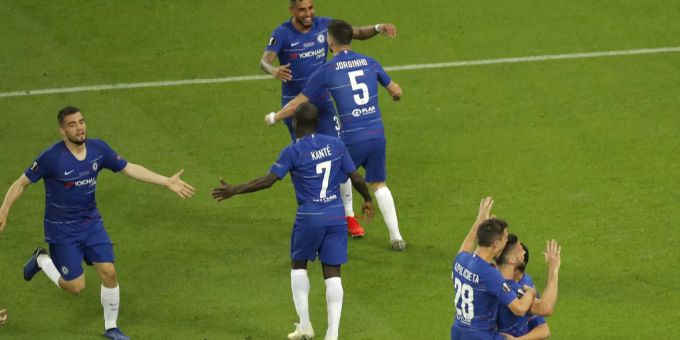 Die Chelsea Spieler jubeln nach einem Tor im Europa Final gegen Arsenal. Arsenal Chelsea Europa League