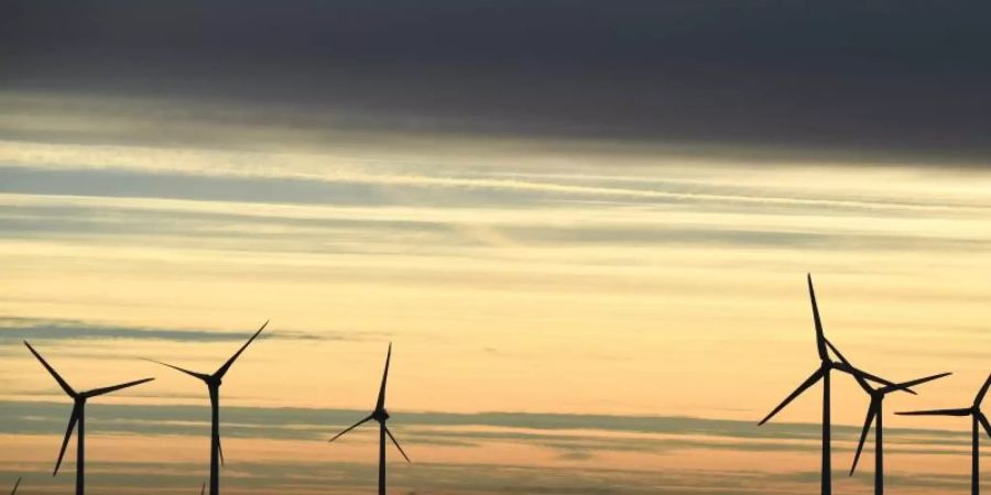 Windkraftanlagen stehen im Morgenlicht unter einem dunklen Wolkenstreifen. Foto: Carsten Rehder