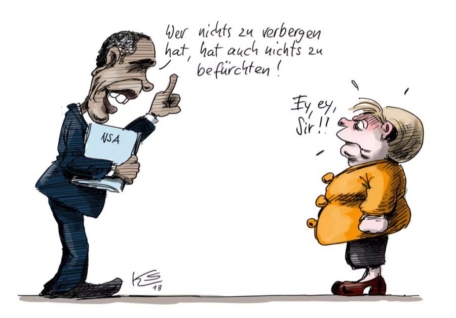 Karikatur Merkel und Obama.