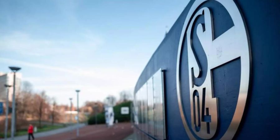 Das Logo des Fussballvereins FC Schalke 04 ist an der «Tausend-Freunde-Mauer» vor der Veltins-Arena angebracht. Foto: Fabian Strauch/dpa