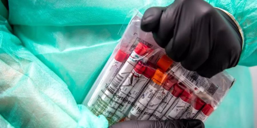 Proben für PCR-Tests werden von einem Mitarbeiter in einem Corona-Testzentrum verpackt. Foto: Sina Schuldt/dpa