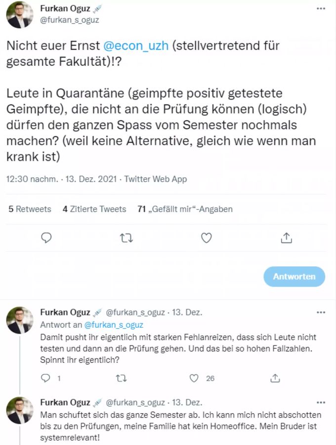 Ein Zürcher Student ärgert sich darüber, dass für Studis in Quarantäne oder in Isolation keine alternative Möglichkeit zum Schreiben von Prüfungen gegeben wird. Coronavirus