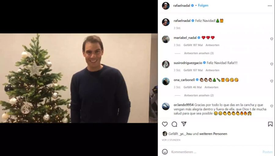 Rafael Nadal hat seinen Fans auf Instagram in einem Video frohe Weihnachten gewünscht.