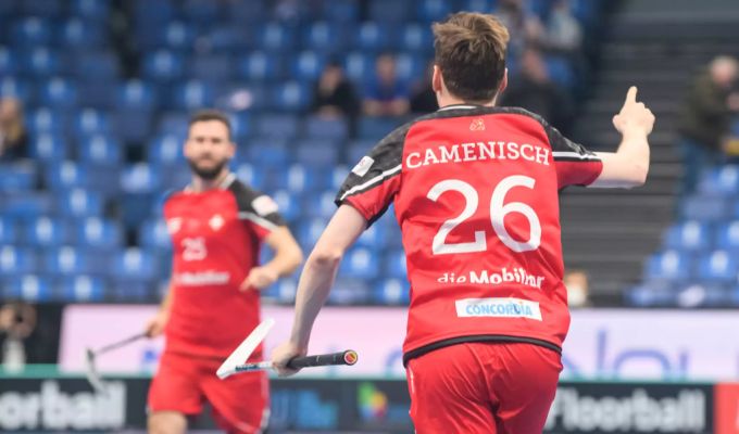 Christoph Camenisch jubelt nach seinem Tor zum 1:1. Unihockey-WM Camenisch