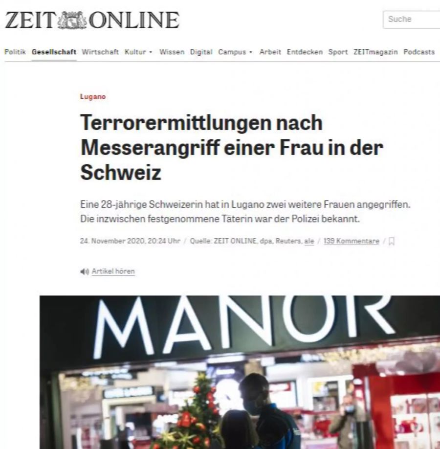 So berichtete «Zeit Online» über den Angriff in Lugano.