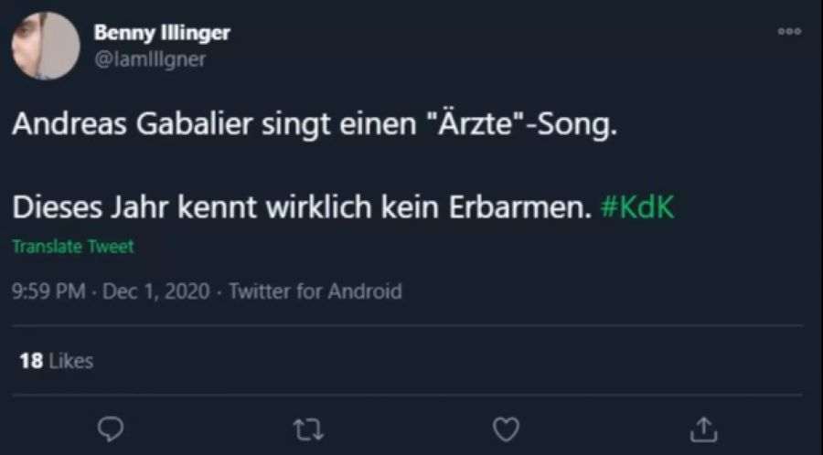 Ein weiterer User holt nochmals zum Schlag aus: «Andreas Gabalier singt einen ‹Ärzte›-Song. Dieses Jahr kennt wirklich kein Erbarmen.»