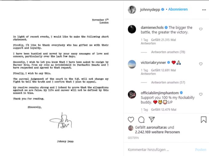 Johnny Depp meldet sich nach dem Urteil auf Instagram zu Wort. Johnny Depp