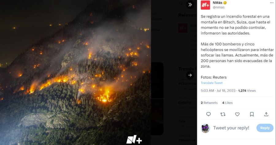 Am Berg oberhalb von Bitsch VS hat es verschiedene Brandherde.