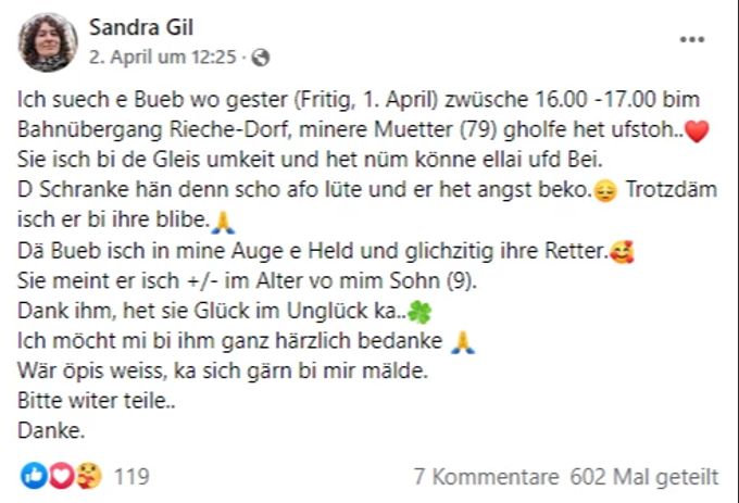 Mit diesem Facebook-Post möchte Sandra Gil den Retter ihrer 79-jährigen Mutter finden. Good News