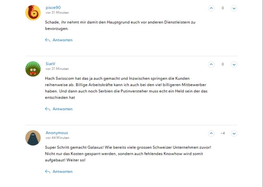 Kommentare auf Galaxus.ch zur Ankündigung, Entwicklerteams in Serbien aufzubauen.