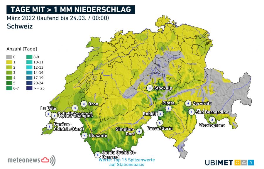 Anzahl Tage mit mehr als 1 mm Niederschlag im März.