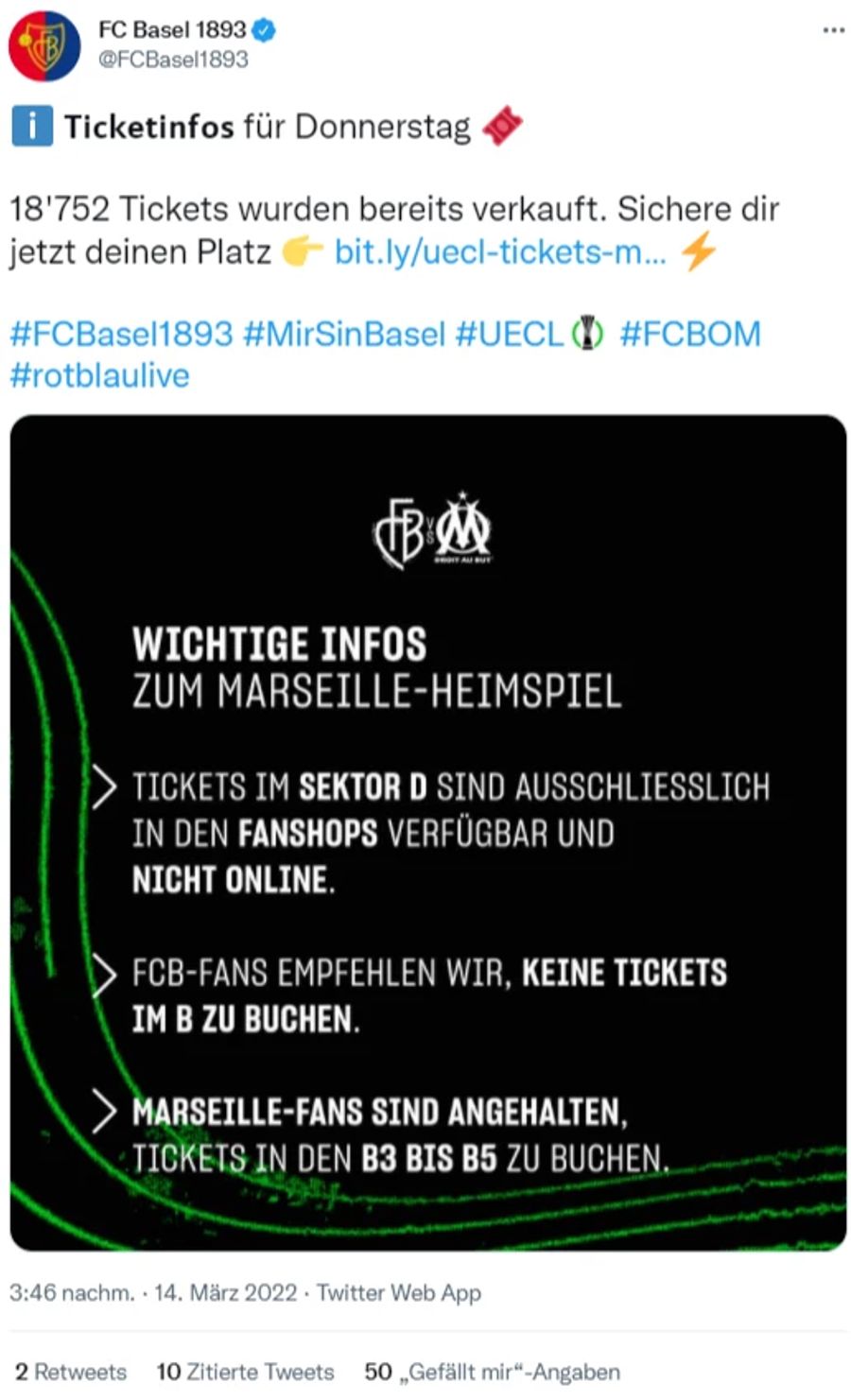 Rotblau ruft Fans aus Marseille dazu auf, Tickets in den Sektoren B3 bis B5 zu kaufen.