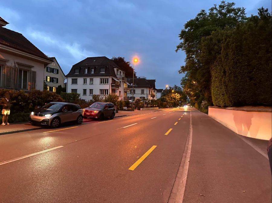 Autos halten an der Strasse vor Tina Turners Anwesen in Küsnacht ZH.