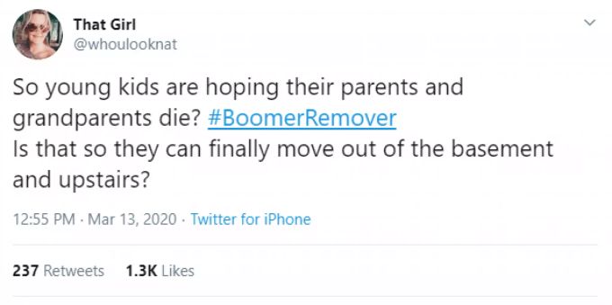 Nicht nur der Spring Break erzürnt die Menschen. In den USA trendet gerade der Hashtag #BoomerRemover auf Twitter. Zahlreiche User regen sich darüber auf. Der Tweet im Bild heisst übersetzt: «Junge Leute hoffen also, dass ihre Eltern und Grosseltern sterben? Damit sie endlich aus dem Keller in die oberen Etagen ziehen können?» spring break
