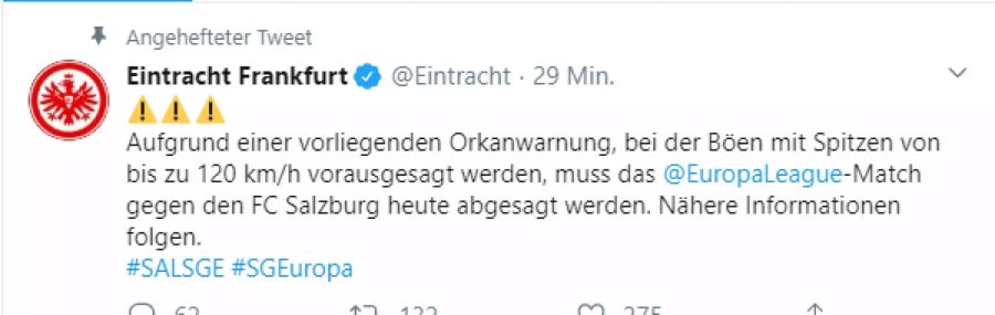 Eintracht Frankfurt gibt die Verschiebung bekannt.