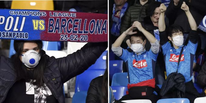 Angst vor Coronavirus - Napoli-Fans tragen bei CL-Spiel Schutzmasken