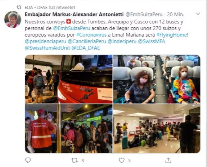Mehrere Busse mit etwa 270 gestrandeten Schweizern und Europäern seinen in Lima angekommen, schreibt Botschafter Embajador Markus-Alexander Antonietti auf Twitter. Corona