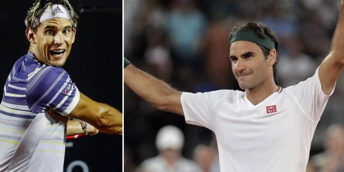 Links: Dominic Thiem im Einsatz. Rechts: Roger Federer bejubelt einen Punkt. Dominic Thiem Roger Federer