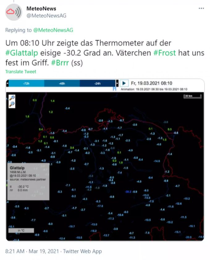 Heute um 8:10 Uhr registrierte das Thermometer auf der Glattalp SZ -30,2 Grad. Glattalp