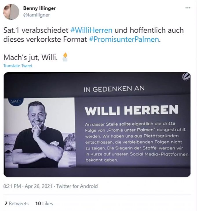 Sat.1 verabschiedet Willi Herren. twitter