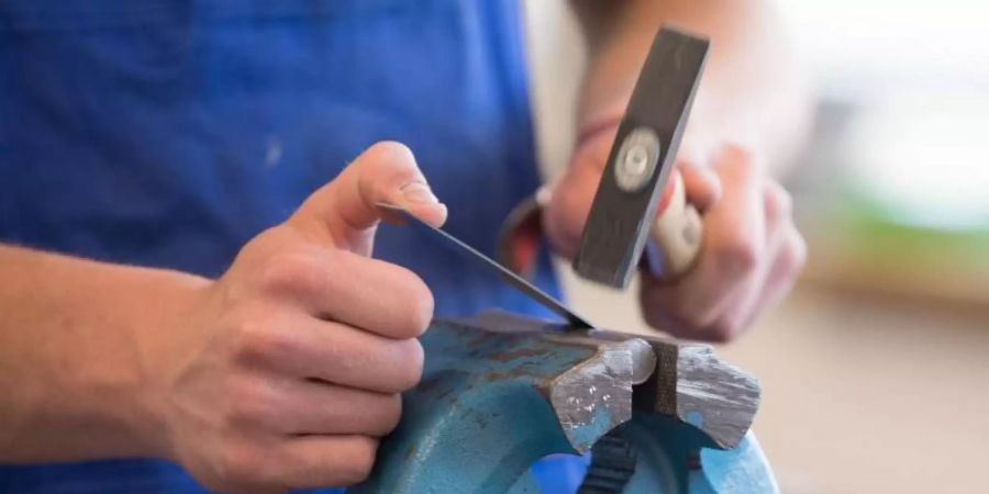 Ein Auszubildender des Beruflichen Schulzentrums für Technik und Wirtschaft steht an einem Schraubstock. Foto: Sebastian Kahnert