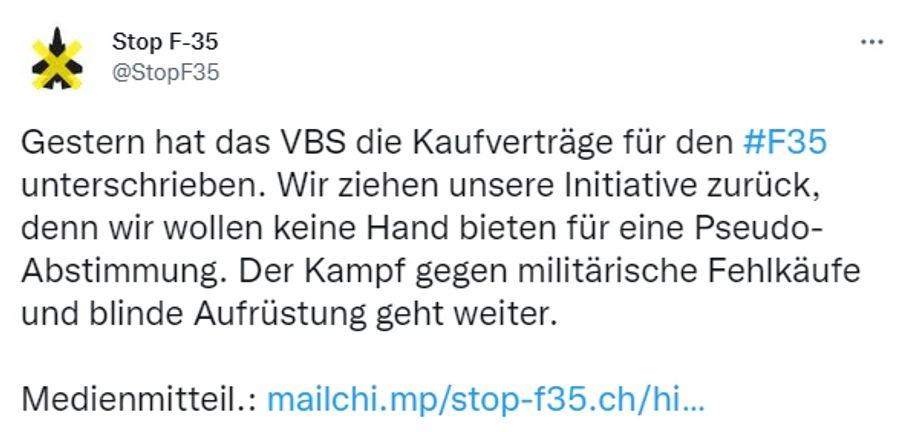 Der Twitter-Account der «Stop-F-35»-Initiative resigniert: Die Initianten ziehen das Begehren zurück.