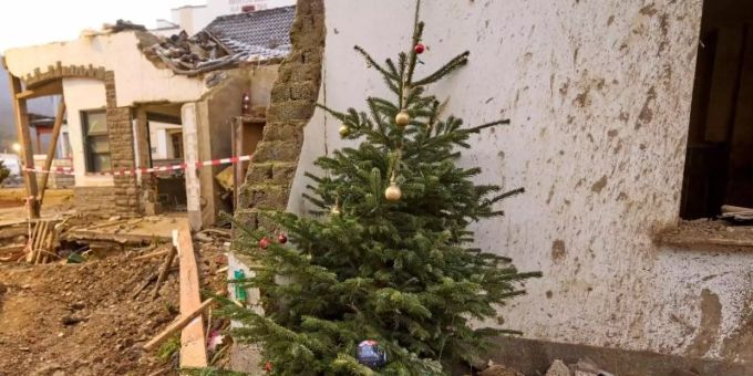 Ein Weihnachtsbaum steht vor einem von der Flut zerstörten Haus in Mayschoss. Foto: Thomas Frey/dpa Ein Weihnachtsbaum steht vor einem von der Flut zerstörten Haus in Mayschoss. Foto: Thomas Frey/dpa