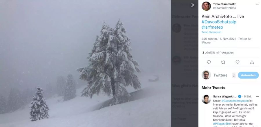 Wintereinbruch in Davos auf der Schatzalp. Der Twitter-Nutzer merkt an: «Kein Archivfoto!»