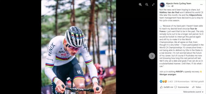 Die Facebook-Mitteilung des Teams, dass Mathieu van der Poel nicht an der Cross-WM teilnehmen wird. mathieu van der poel