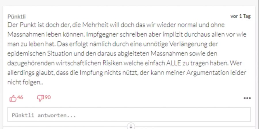 Dieser User richtet seine Kritik an die Impfgegner, nicht an den Bundesrat.